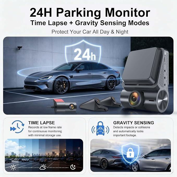 Innovative 360 View 4 Channel Dash Cam Front and Rear with External Side Cameras for Cars, GPS and 5G Band WiFi, Night Vision, 170 Wide Angle, 24H Parking Mode, Supercapacitor, Included 128GB Card