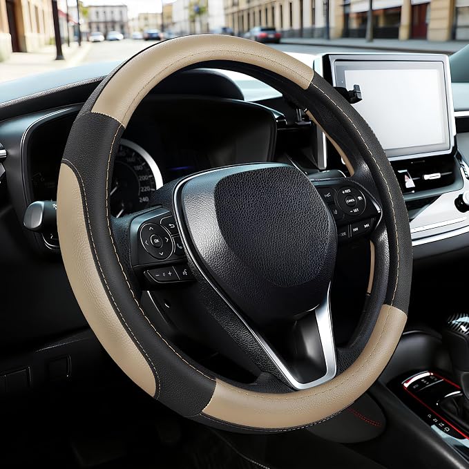 Car Steering Wheel Cover for F-150 Tundra Range Rover 15.5-16 inch, Black and Beige Microfiber Leather