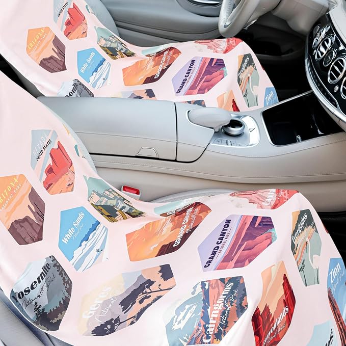 Car Seat Towel Covers with Storage Bag, 63 x 32 Inch Universal Non Slip Waterproof Sweat Protector for Car Truck, Gym Swimming Running, Machine Washable(2 Pack,Multi National Parks)