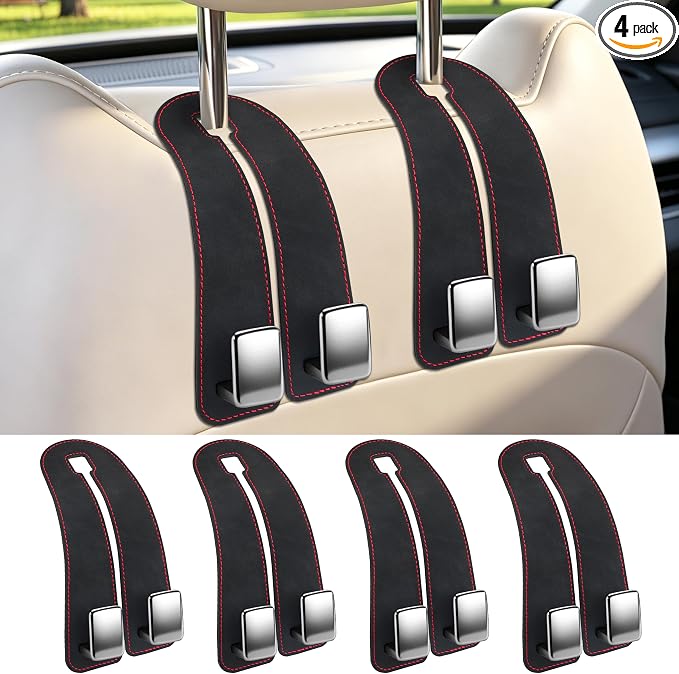 Car Headrest Hooks, Premium Suede with Metal Car Seat Back Storage Hooks for Handbag Coats Umbrella Backpack - 4 Pack, Black