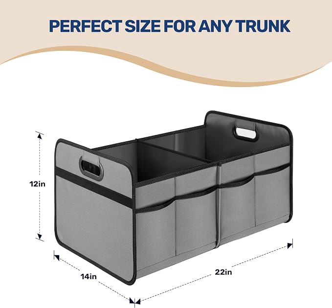 Trunk Organizer for Car/SUV/Truck, Collapsible 2 Compartment Automotive Storage Box, 600D Waterproof Oxford Polyester 50L Travel Accessories, Anti-slip & Leak-proof, Grey (Pack of 2)