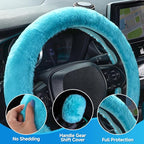 Furry Car Steering Wheel Cover with Gear Shift Cover, Soft and Warm, Cute Fluffy Auto Decor for Women Men, Standard Size, 2 PCS Set, Cyan