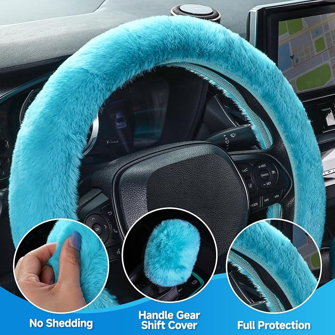 Furry Car Steering Wheel Cover with Gear Shift Cover, Soft and Warm, Cute Fluffy Auto Decor for Women Men, Standard Size, 2 PCS Set, Cyan