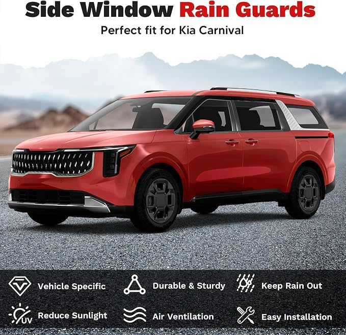 Carnival Rain Guards - Window Visors for Kia Carnival 2022-2025 2026, Outside-Mount Tape-On Side Window Wind Deflectors for Carnival Accessories, Vent Visors Shades Rainproof 4PCS