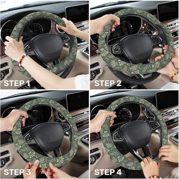 Dark Cottagecore Botanical Steering Wheel Cover, Non-Slip Polyester Wheel Grip, Universal 15 Inch Car Accessory
