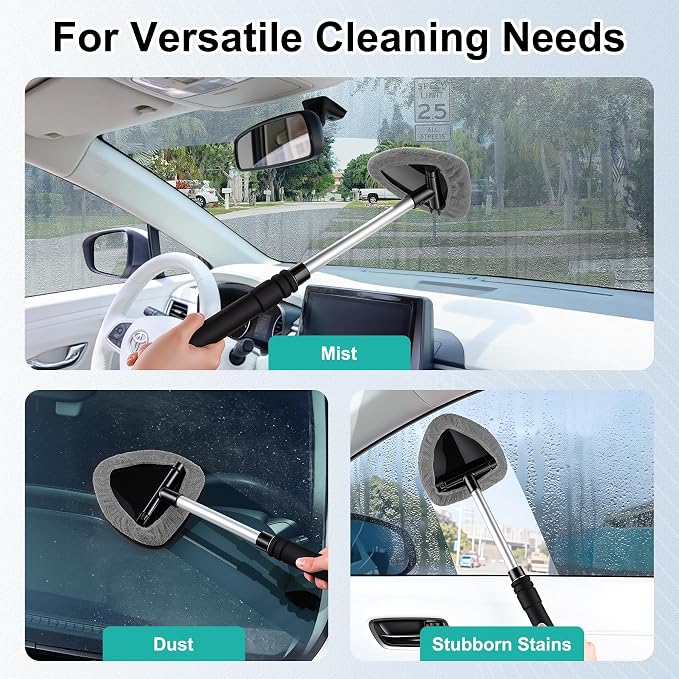 Windshield Cleaner Tool, Car Interior and Exterior Window Cleaning Kit with Extendable Handle & 4 Reusable Microfiber Pads, Auto Glass Wiper Brush Kit for Car & Home Windows (Grey)