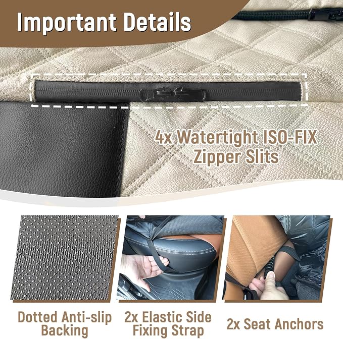 Pet Bench Seat Covers for Trucks, Heavy Duty Nonslip Car Seat Protector with ISOFIX Openings for 1-2 Child Car Seats,Fits Ford 150,Ram 1500,GMC Sierra,Toyota,Ram,Chevrolet Silverado(Beige)