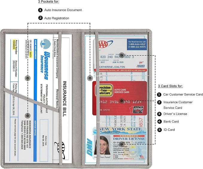 Car Registration and Insurance Card Holder, Vehicle License Document Glove Box Compartment Organizer, Interior Car Accessories for Women Men (Grey)