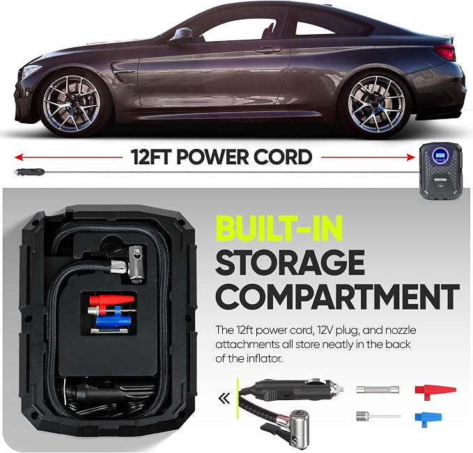 Tire Inflator Portable Air Compressor, Air Pump for Car Tires and Bikes, Car Tire Pump w/Auto Shut Off, 150 PSI, 12V DC, LED Light, Carrying Case, Perfect For Men, Women