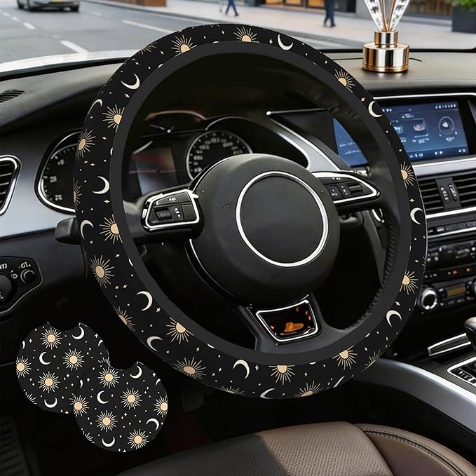 Sun Moon Steering Wheel Cover for Women Girly,Stars and Clouds 15 Inch Non-Slip Breathable Neoprene Steering Wheel Cover Fit Auto,SUVs,Includes 2 PCS Cup Coasters