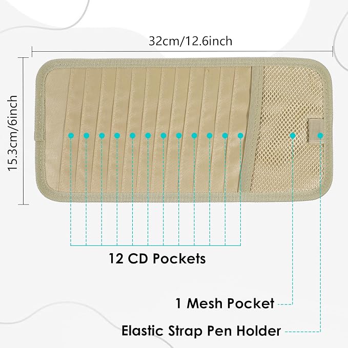 Trinkrittey CD Visor Holder for Car, Vehicle Sun Visor Organizer Large Capacity CD Holder with 12 DVD Storage Sleeves 1 Mesh Pocket 1 Pen Holders and Elastic Strap