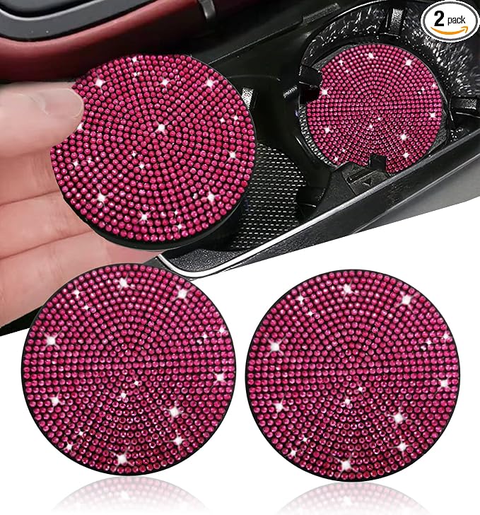 2pcs Bling Car Cup Holder Coaster, 2.75 inch Anti-Slip Shockproof Universal Fashion Car Coasters Insert Bling Crystal Rhinestone Automotive Interior Accessories for Women (2 pcs, Rose Red)