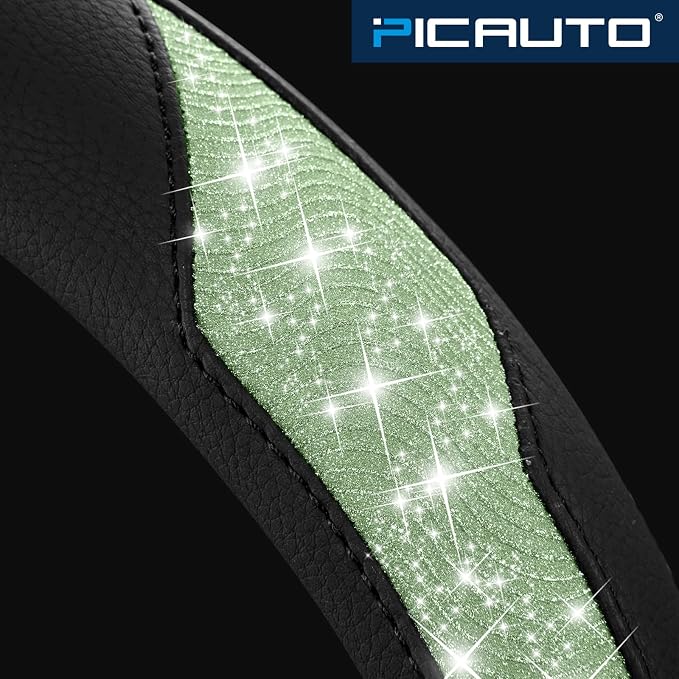 Steering Wheel Cover, Green Sparkly Crystal Bling Glitter with Leather, Universal Fit 14.5"-15.5" Car Steering Wheels for Girls & Women, Anti-Slip Wheels Cover for Cars, Trucks, Van, SUVs