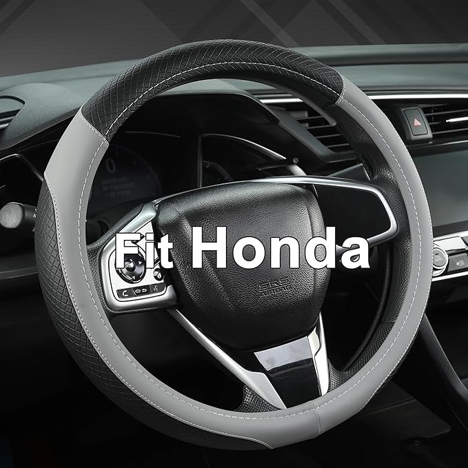 Customized Auto Car Steering Wheel Cover for Honda Accord Civic CR-V HR-V Pilot Fit Passport Odyssey 14.5-15inch(Black+Gray-Standard Size)