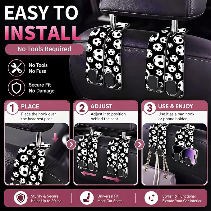 Car Seat Back Storage Hook, Funny Car Purse Hook, Cute Vehicle Storage Organizer for Purses Handbags Soccer Ball Pattern