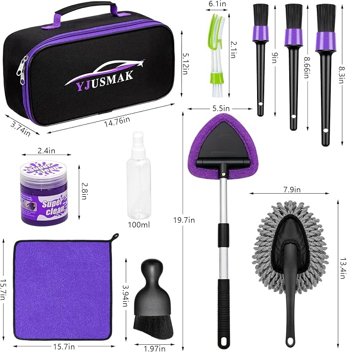 Windshield Cleaning Tool, 13PCS Car Detailing Kit Interior Cleaner, Car Window Cleaner with Extendable Handle, Car Interior Cleaning Kit with Detailing Brushes for Women Men (Purple)
