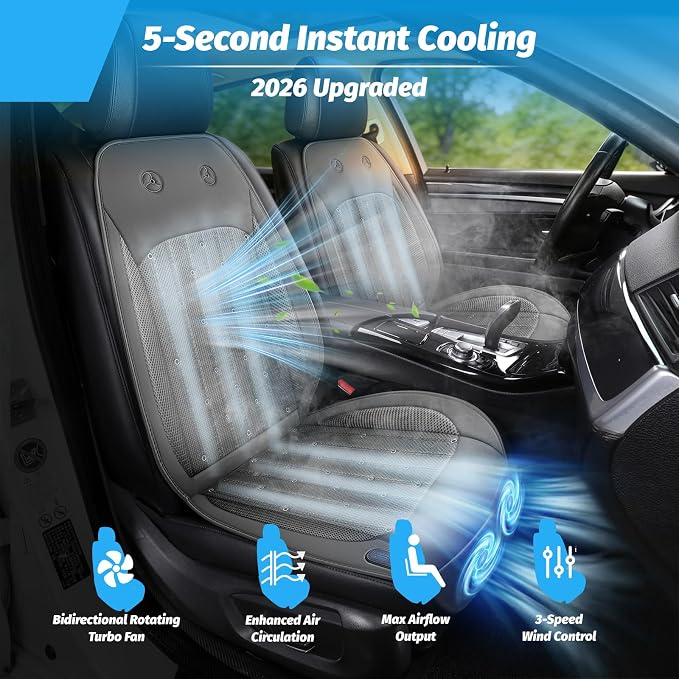 Cooling Car Seat Cover with 2 Turbo Fans – 12V-24V Ventilated Car Seat Cushion, Breathable Car Seat Cooling Pad for Sweaty Back, Universal Fit Cooling Seat Covers for Cars SUV Truck Grey