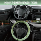 Steering Wheel Cover, Green Patterned Leather Patchwork Design, Universal Fit 14.5"–15.5", Anti-Slip, Odor-Free, Soft PU Grain Leather, Durable Grip Car Accessory for Girls & Women
