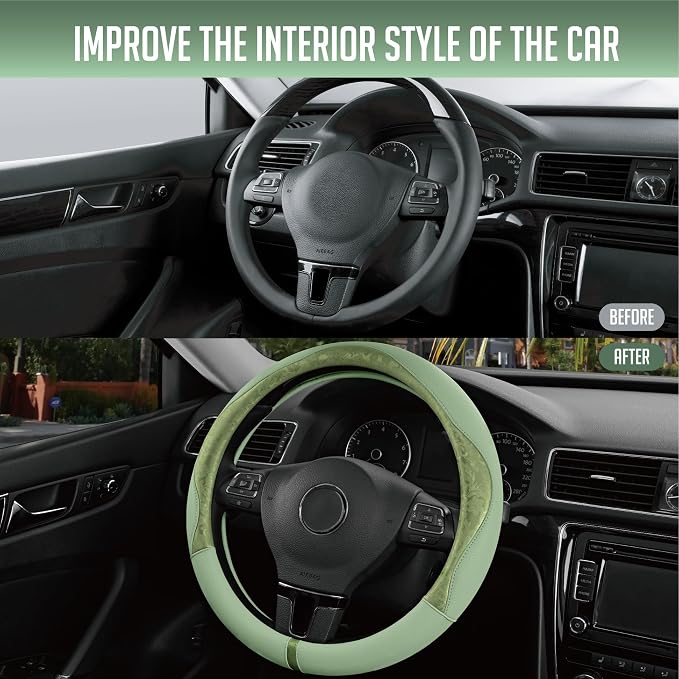 Steering Wheel Cover, Green Patterned Leather Patchwork Design, Universal Fit 14.5"–15.5", Anti-Slip, Odor-Free, Soft PU Grain Leather, Durable Grip Car Accessory for Girls & Women