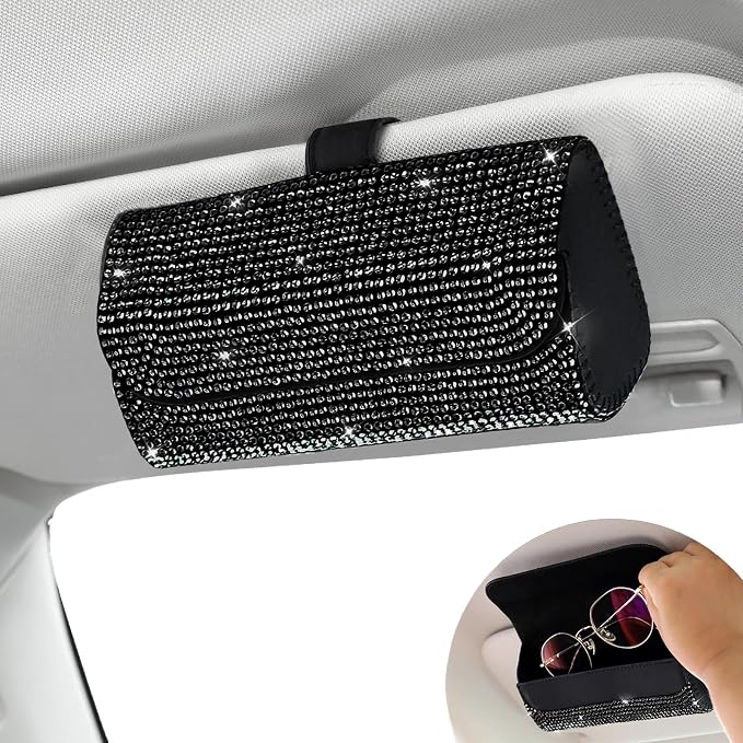 Bling Sunglasses Holder for Car Sun Visor, Sparkling Auto Glasses Clip Case Eyeglasses Protective Box, PU Leather Car Sunglass Storage Organizer for Truck, SUV, RV (Black Crystal)