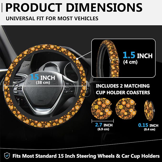 70s Retro Groovy Orange Flower Steering Wheel Cover for Women, Anti-Slip Car Steering Wheel Cover with 2 Pcs Cup Holders Neoprene Breathable Car Accessories Universal 15 Inch Auto Interior Decor