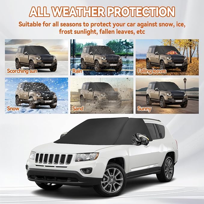 Windshield Window Snow Cover with 2 Hooks and 2 Mirror Covers Ice and Snow Front Window Sunshade Cover Fit for SUVs, Trucks, Cars (Black-SUVs)
