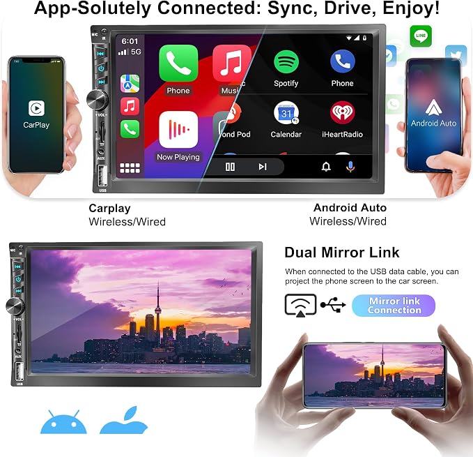 Upgrade Wireless 7" Double Din Car Stereo Apple CarPlay Android Auto 178 * 102mm,Touchscreen Car Play Radio for Car,Screen for Bluetooth 5.2, Weatherproof Backup Camera,FM AM,AUX,Card Slot,USB,SWC
