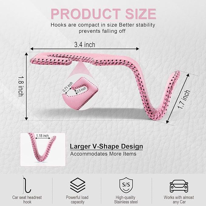Headrest Hook for Car, Back Seat Organizer Pink Leather Hanger Holder Hook, Interior Car Accessories for Hanging Purses Bags Coats, 2 Pack