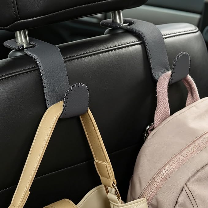 Car Seat Headrest Hook, Universal Vehicle Storage Hanger, Leather with Metal Car Seat Back Organizer for Handbag, Purse, Coat, Ergonomic Design, Gray 2 Pack