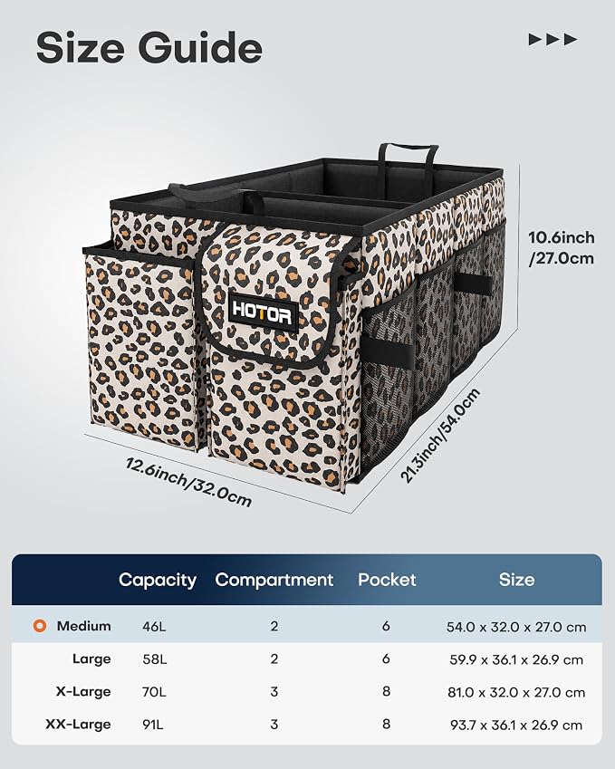 Trunk Organizer - Car Organizer, Foldable Trunk organizer for SUVs & Sedans, Sturdy Car Organization for Car Accessories, Tools, Sundries, Brown Leopard, 2 Compartments, 21.3"×12.6"×10.6"