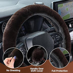 Furry Car Steering Wheel Cover with Gear Shift Cover, Soft and Warm, Cute Fluffy Auto Decor for Women Men, Standard Size, 2 PCS Set, Coffee Brown