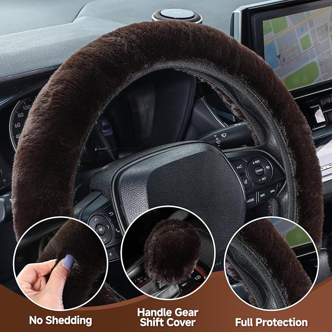Furry Car Steering Wheel Cover with Gear Shift Cover, Soft and Warm, Cute Fluffy Auto Decor for Women Men, Standard Size, 2 PCS Set, Coffee Brown