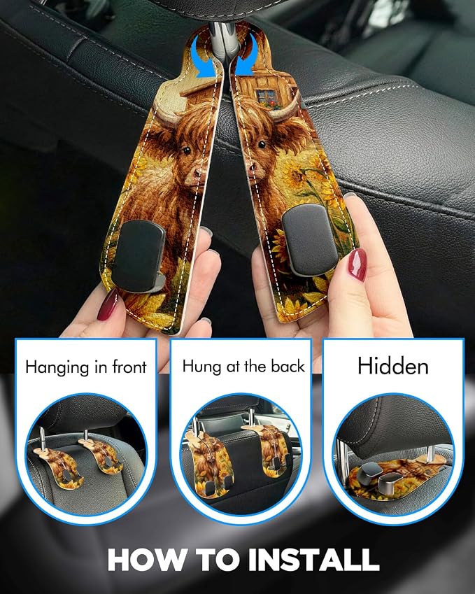 Purse Holder for Car, 2 Pack Heavy Duty Purse Hanger for Car, PU Leather Car Seat Hooks for Purses and Bags, Cute Cow Headrest Organizer for Handbags & Backpacks