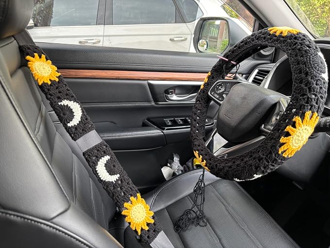 Handmade Crochet Sun Moon Car Steering Wheel Covers Universal 14-15 inch,Cute Steering Wheel Cover,Car Accessories (Black Wheel Cover+2 Belt Cover)