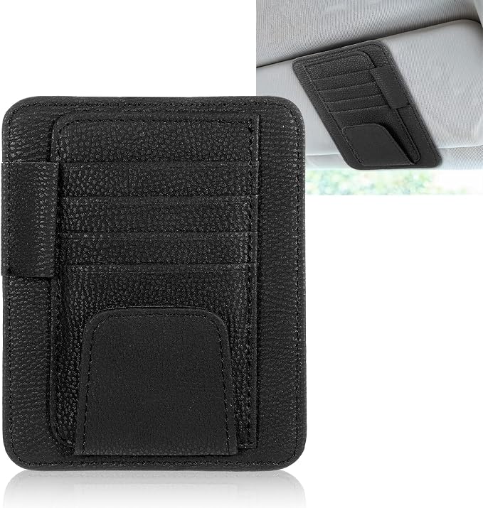 Small Leather Car Sun Visor Organizer and Insurance Card Holder, Auto Car Sun Visor Organizer, Multifunctional Auto Interior Accessories Storage Pocket for Card License Registration Document, Pen, Key