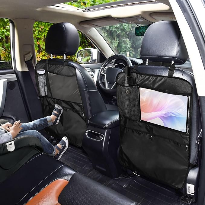 Black Car Seat Organizer for Kids Backseat Kick Mat with Adjustable Strap Back Seat Protector for Cars SUV Vehicle 1 Pcs
