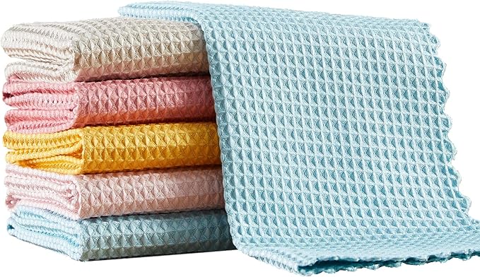 Microfiber Cleaning Cloth, Reusable Absorbent Microfiber Cleaning Cloths, Kitchen Dish Cloth Waffle Weave 5 Pack, Mixed Color, 9.8×9.8inch