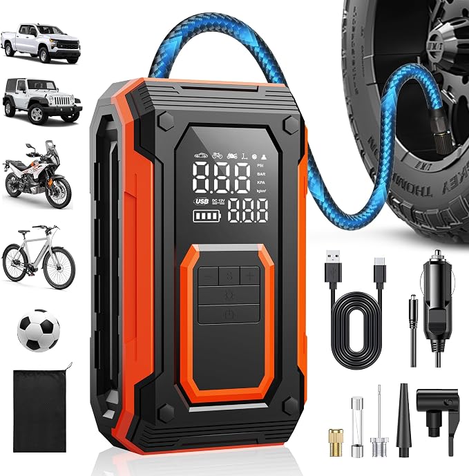 Tire Inflator Portable Air Compressor Cordless Air pump for Car Tires, 4 × Fast Inflation 35L/Min, Digital Dual Display, LED Light,Auto Shutoff for Car, Motorcycle, Bike, Pickup Truck and Ball
