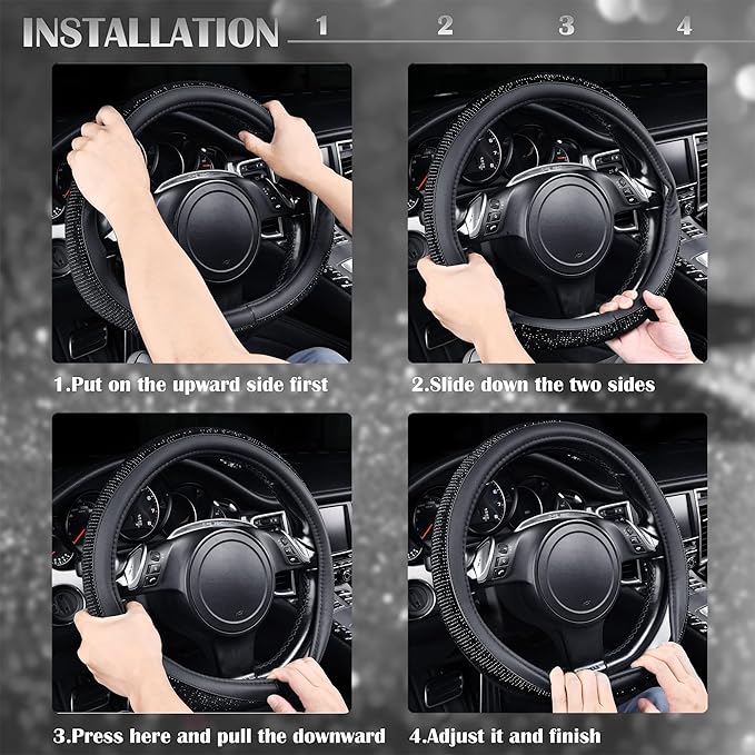 Bling Diamond Leather Steering Wheel Cover, With Sparkly Crystal Glitter Rhinestones Universal Fit 14"1/2-15" Car Wheel Protector for Women Girl Fit Suvs,Vans,Sedans,Car,Trucks, Black Diamond