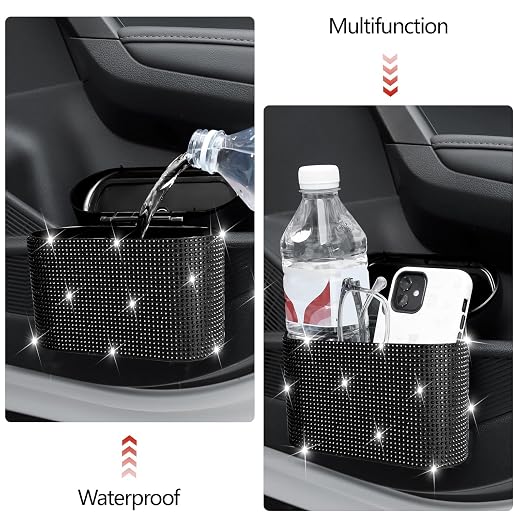 Bling Car Trash Can with Lid, Mini Auto Garbage Can with 30 Trash Bags, Leakproof Automotive Garbage Container Bin, Bling Car Accessories Trash Can for Women (Black Diamond)