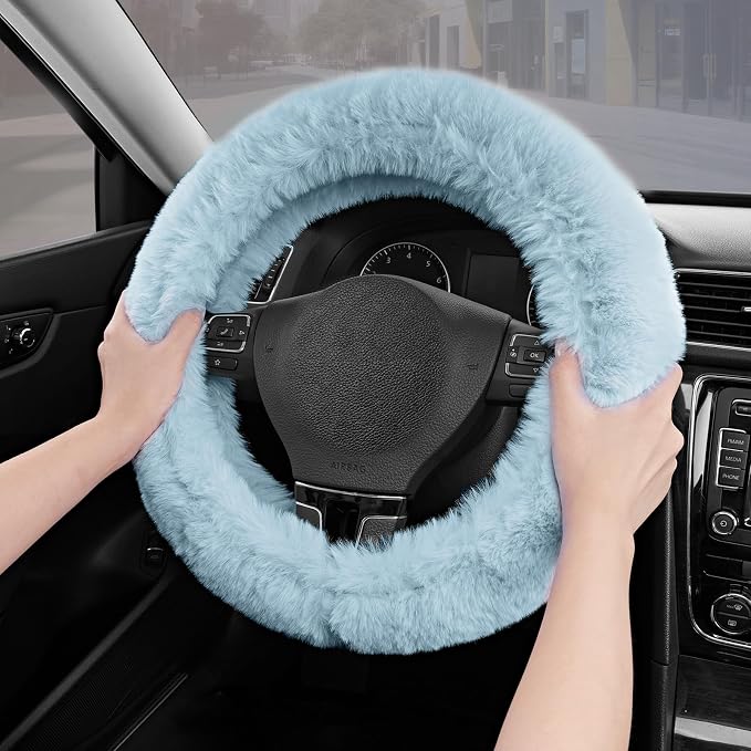 Steering Wheel Cover, Fluffy Car Wheel Covers for Women/Girls/Ladies，Soft Wool Fur Steering Wheel Protector, Universal 14 1/2 inches to 15 inches - Blue
