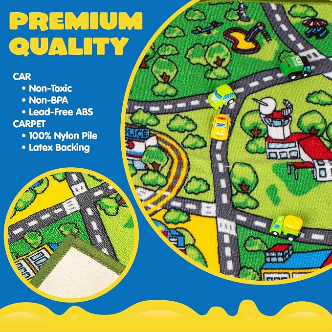 Carpet Playmat w/ 12 Cars Pull-Back Vehicle Set for Kids Age 3+, Jumbo Play Room Rug, City Pretending Play