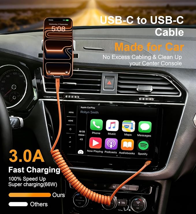 USB C to C Cable [3FT+6FT], 2Pack Coiled USB C Fast Charging Cable for CarPlay, iPhone USB-C Cable/Android Auto USB C Cord USB Type-C Cable for iPhone 17/16/15/Pro Max/Galaxy S26 S25 and More-Orange