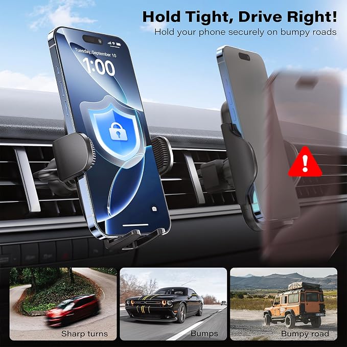 Car Phone Holder Mount, Strong Suction Dashboard & Windshield Phone Holder for Car, Hands-Free, Compatible with iPhone Samsung All Phones, Ideal for Delivery & Uber Drivers, Fleet Vehicles