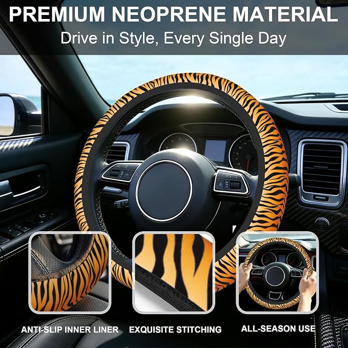 Tiger Stripes Steering Wheel Cover with 2 PCS Cup Coasters for Car,Animal Skin 15 Inch Non-Slip Neoprene Steering Wheel Covers,Breathable Car Accessories Fit for Men Women