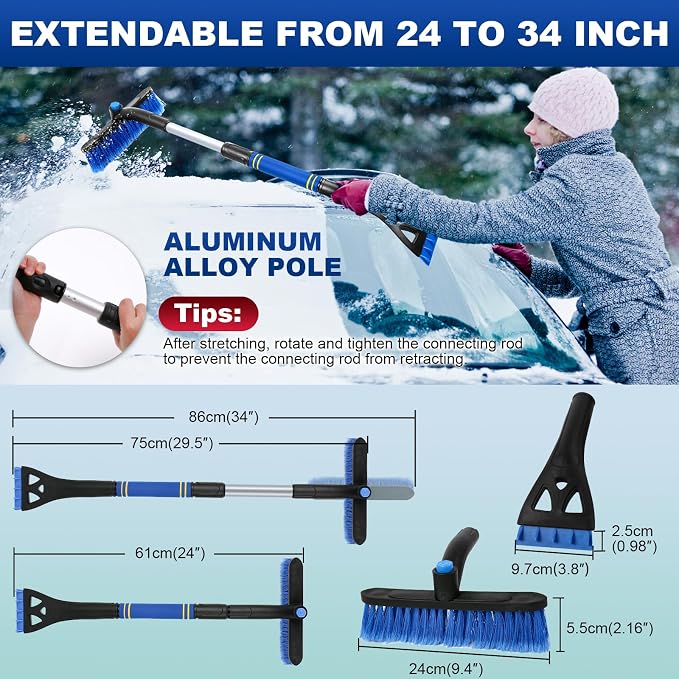 2Pack Ice Scrapers for Car Windshield, 2-in-1 Snow Scraper and Snow Brush for Car SUV Truck, Car Ice Windshield Scraper for Ice and Snow with 360° Pivoting Brush and Ergonomic Foam Grip Blue