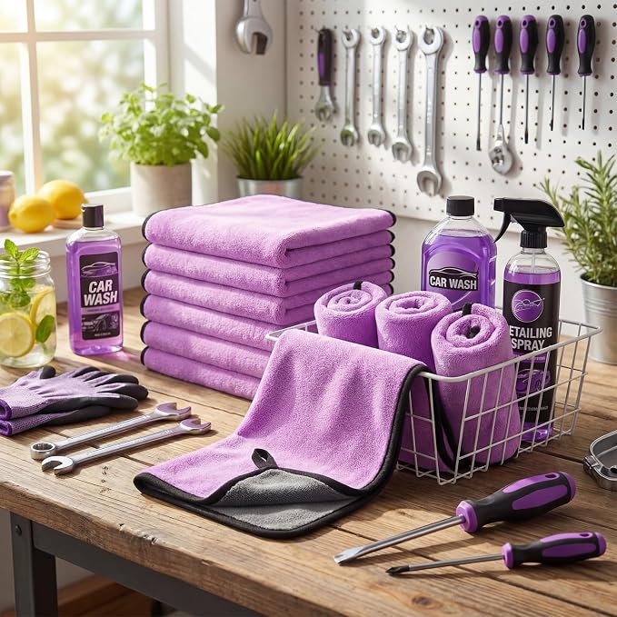 20 Pcs Microfiber Car Drying Towels Microfiber Cleaning Cloth 800 GSM Thick Plush Cleaning Dusting Cloth Auto Detailing Absorbent Towels Rags for Car Household Kitchen Window(Grey and Purple)