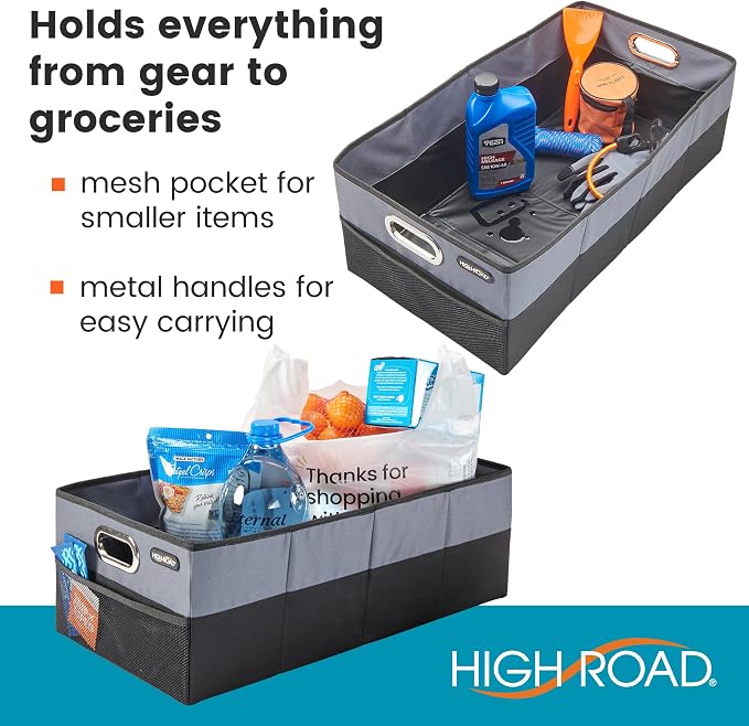 CargoCube Car Storage Bin - Leakproof Car Trunk Storage Organizer with Metal Handles and Front Mesh Pocket, 12x24 Inches - Single pack