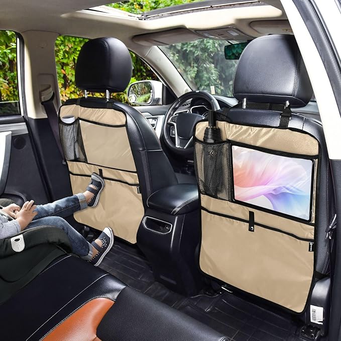 Tan Kick Mats Back Seat Protector, 2 Pack Back Seat Organizer for Kids