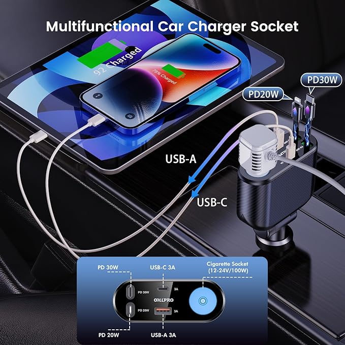 Retractable Car Charger Cigarette Lighter Adapter, 168W 5 in 1 Fast Phone Charging Built-in Replaceable Fuse, Socket Splitter with USB C and USB i Cord, Fit for Phone iPad Galaxy GPS, Black